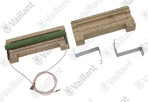 Vaillant Widerstand mit Dämmklotz und zwei Halterungen, angezeigt in einer neutralen Anordnung auf hellem Hintergrund.